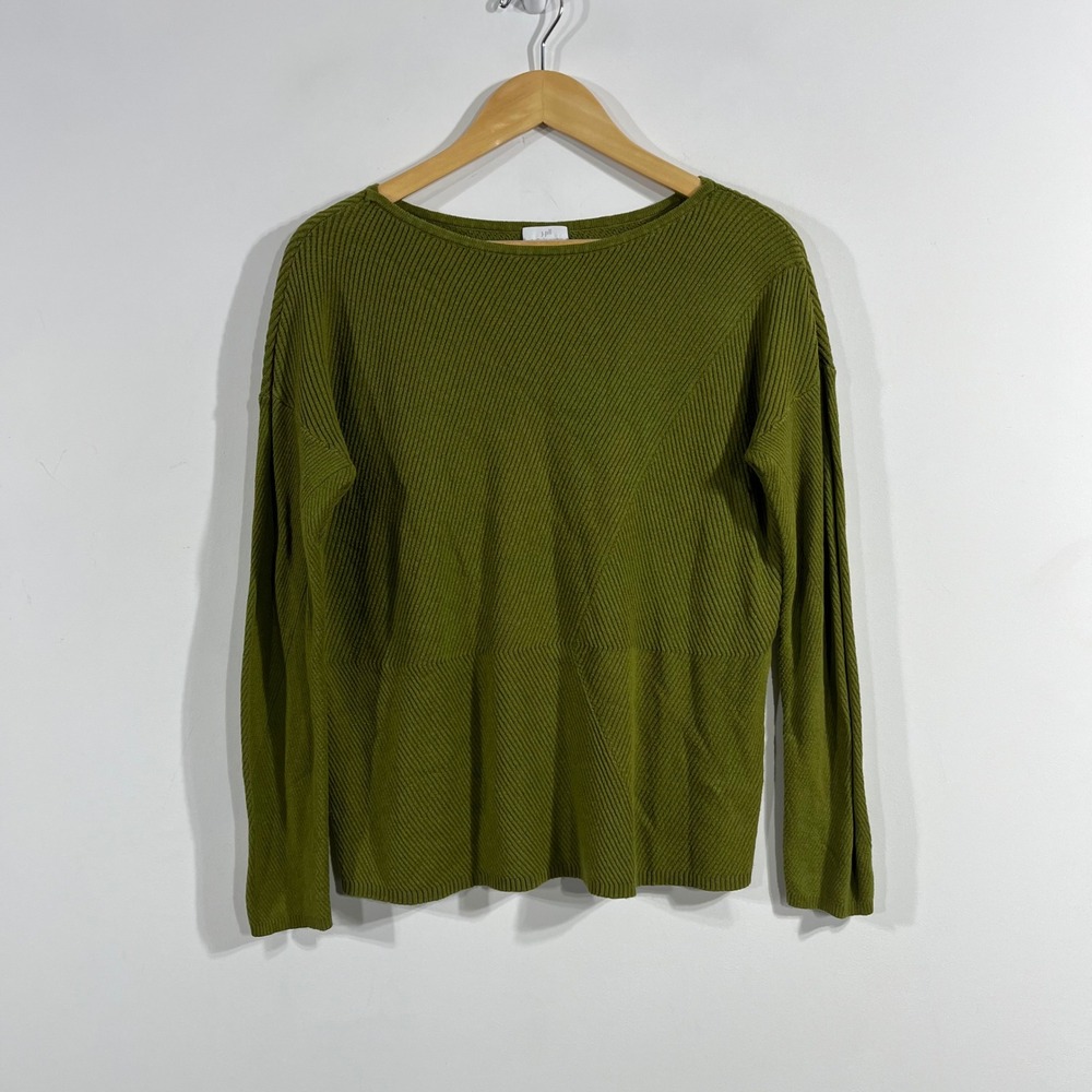 J. Jill Granola Folk Green Ribbed Boat Neck Long Sleeve Cotton Sweater Sz Small